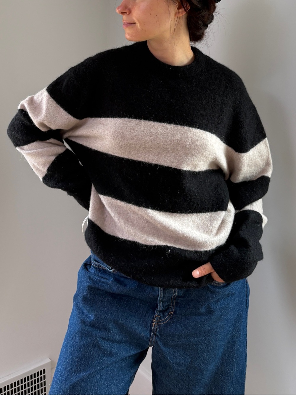 & Other Stories Black and Cream Striped Crewneck Sweater